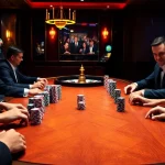 Experience thrilling poker gameplay at Luckywin casino with vibrant slots and roulette in the background.