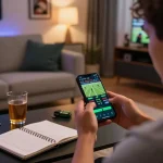 Person placing bets using VMAX sports betting mobile app, showcasing live odds and strategies in a cozy home setting.