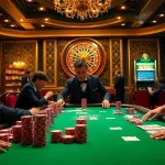 Players enjoying a high-stakes game at https://da88.navy/ casino table, showcasing vibrant poker chips and excitement.