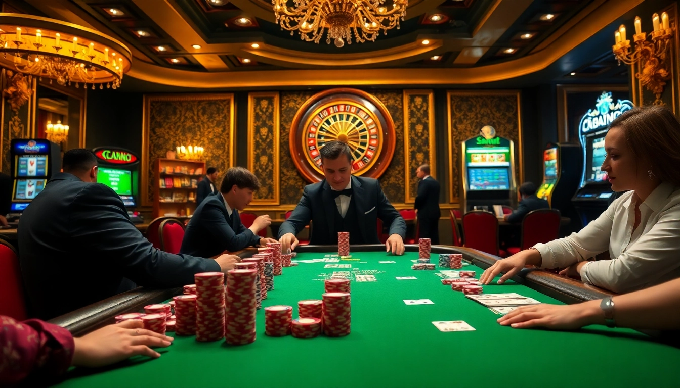 Players enjoying a high-stakes game at https://da88.navy/ casino table, showcasing vibrant poker chips and excitement.
