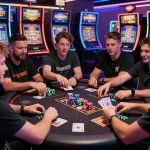 Players enjoying a deposit bonus casino experience with digital devices and vibrant promotions in a lively atmosphere.
