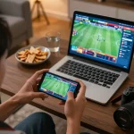 Person betting on sports using loto188 app on smartphone, showcasing interactive gambling experience.