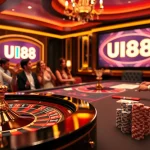 Exciting scene at UU88 casino showing players at a roulette table and poker chips.