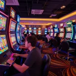 Engaged players at colorful situs slot machines, anticipating wins in a lively casino atmosphere.