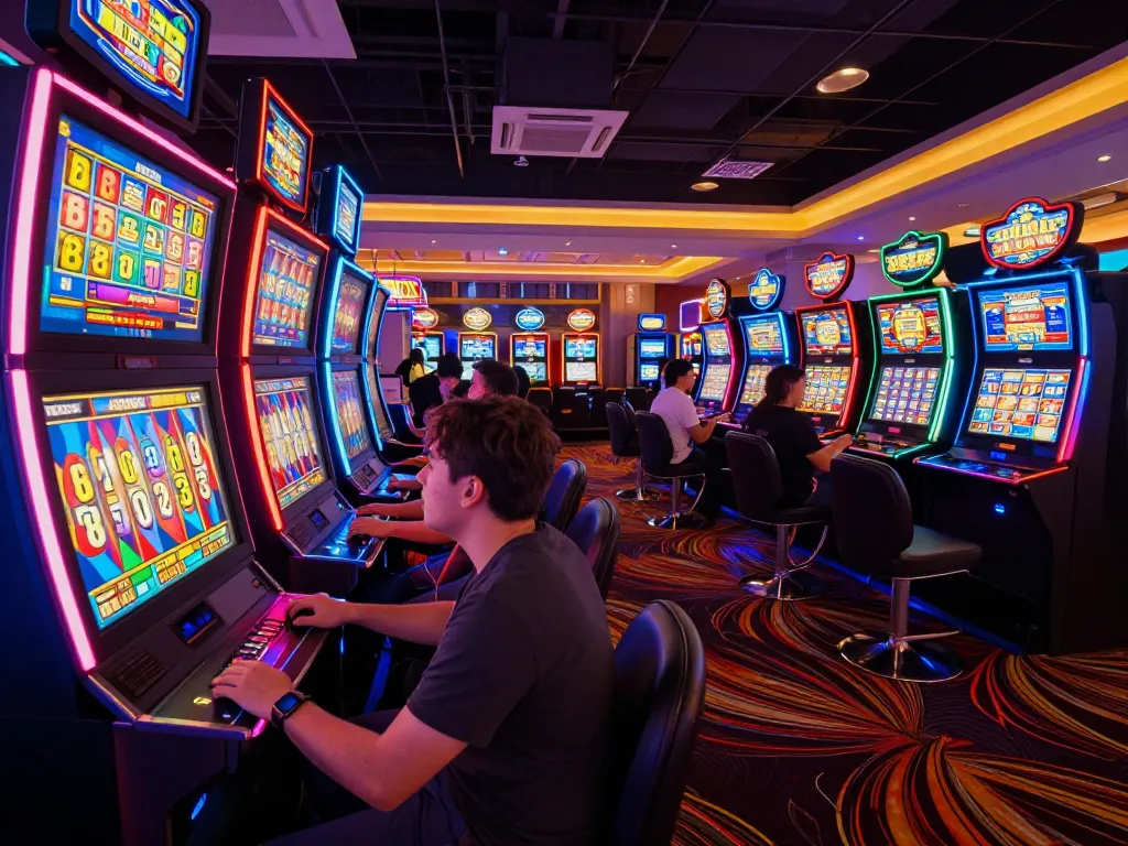 Engaged players at colorful situs slot machines, anticipating wins in a lively casino atmosphere.