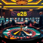 Players enjoying dynamic games at e28 online casino, surrounded by vibrant slot machines and roulette tables.