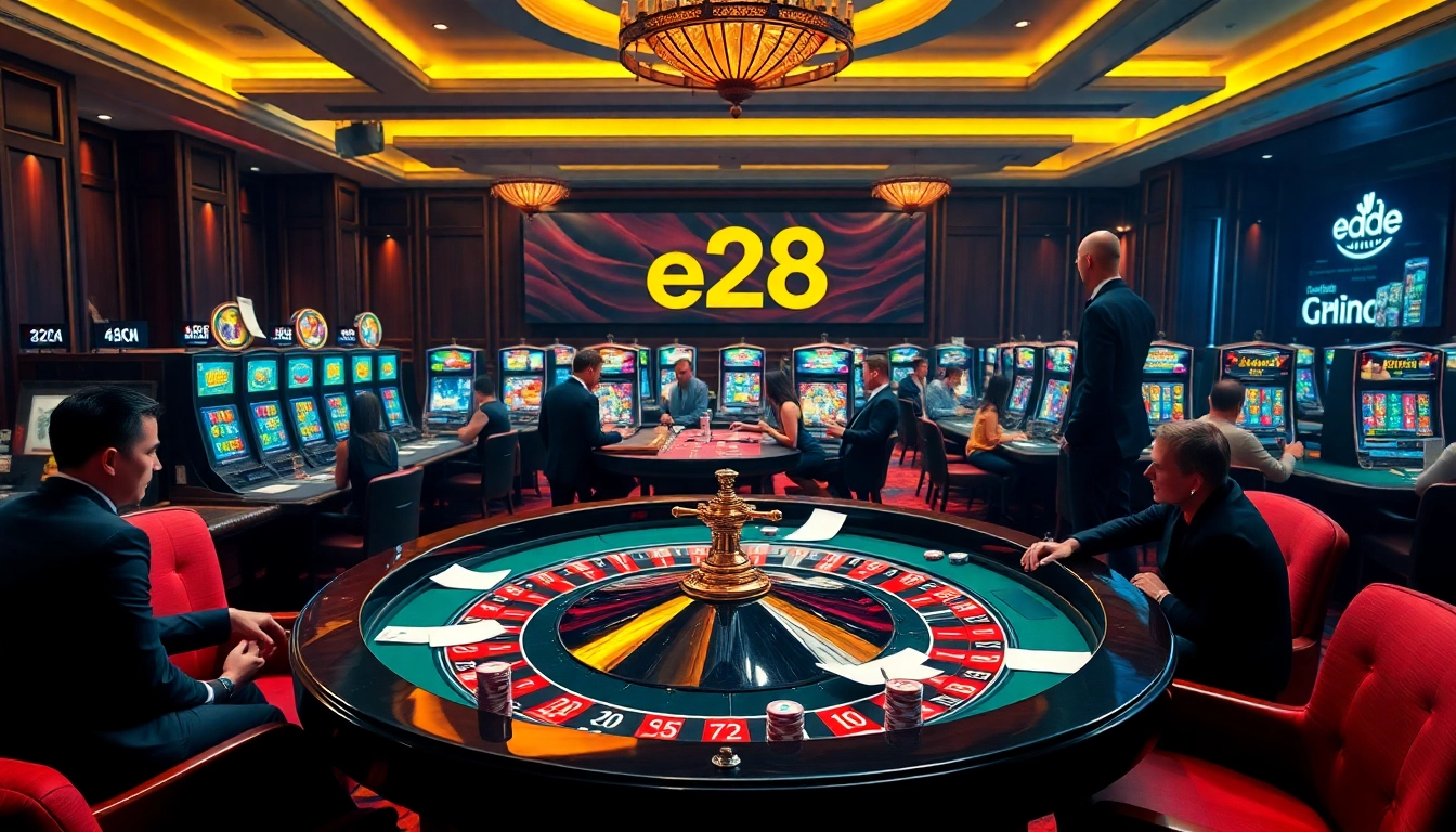 Players enjoying dynamic games at e28 online casino, surrounded by vibrant slot machines and roulette tables.