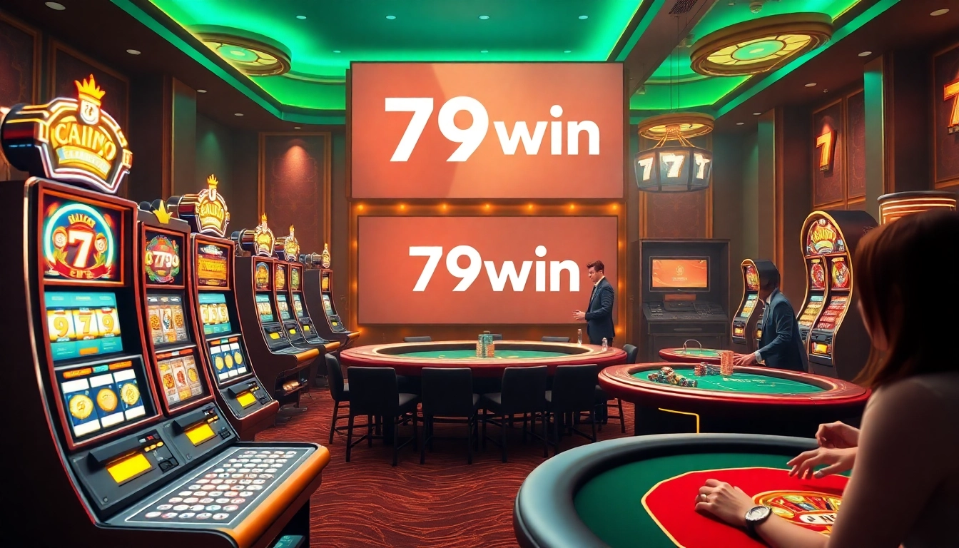 Engaged player at 79win casino, excitedly betting at a luxurious poker table with vibrant slot machines.