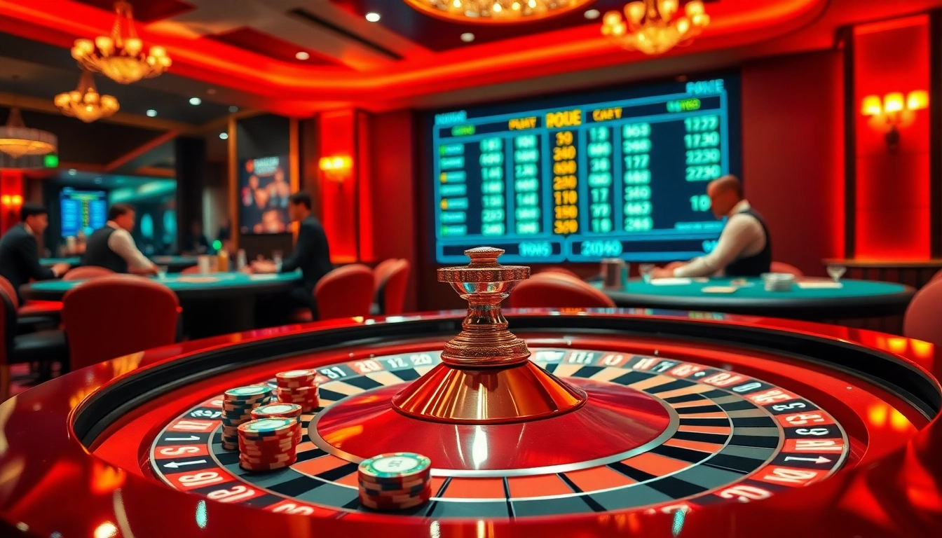 Engaging scene with players analyzing tỷ lệ kèo nhà cái at a glamorous casino roulette table.