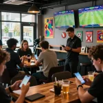 Engaged bettors viewing SBOBET odds on their smartphones in a lively sports bar atmosphere.