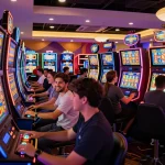 Players excitedly engaging with slot machines in a lively casino setting
