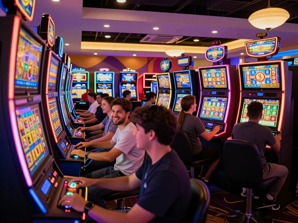 Players excitedly engaging with slot machines in a lively casino setting