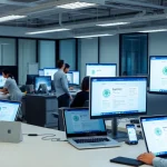 在现代工作空间中展示的快连下载应用界面，面向多样化用户。