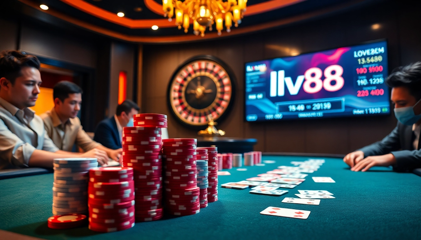 Players enjoying an exciting poker game at lv88 casino with vibrant chips and cards on the table.