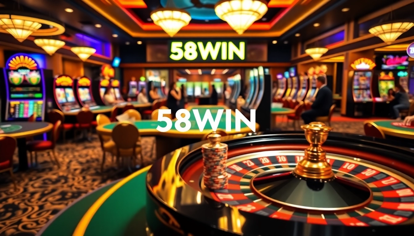 Players celebrating their wins at 58WIN's vibrant casino scene featuring roulette and slot machines.