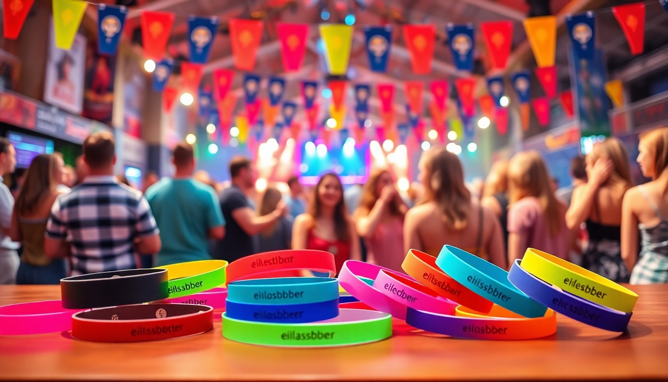 Bunte Einlassbänder, präsentiert in einer lebhaften Veranstaltungsatmosphäre, ideal für Zugangskontrolle und Sicherheit.