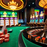 Engaging GG88 casino scene with vibrant tables and sleek slot machines, embodying luxury.