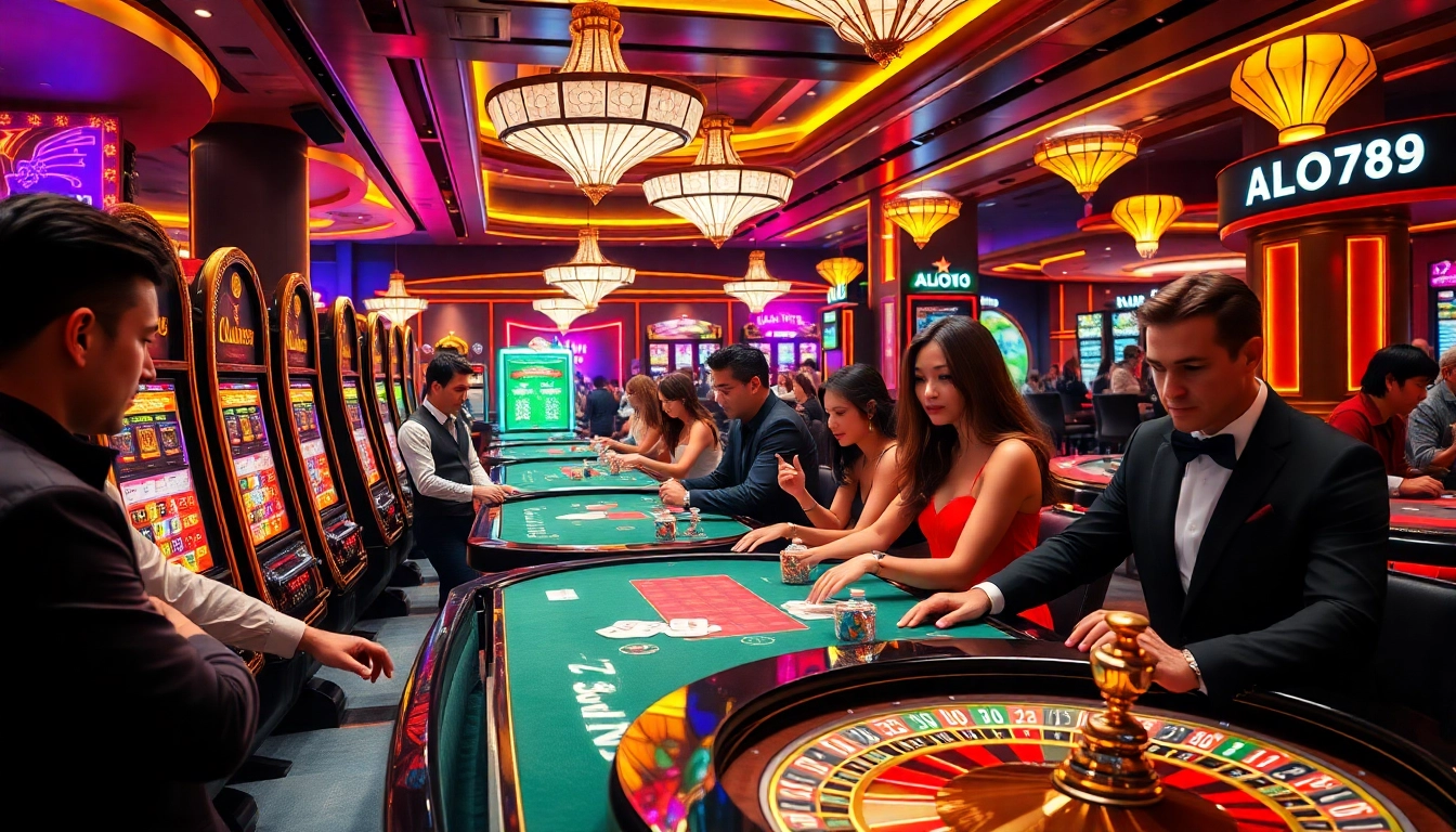 Exciting gambling scene at a casino showcasing ALo789 with vibrant slot machines and enthusiastic players.