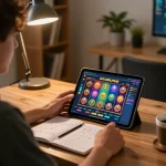 Engaging with situs slot game interface on tablet during a cozy online gaming session.