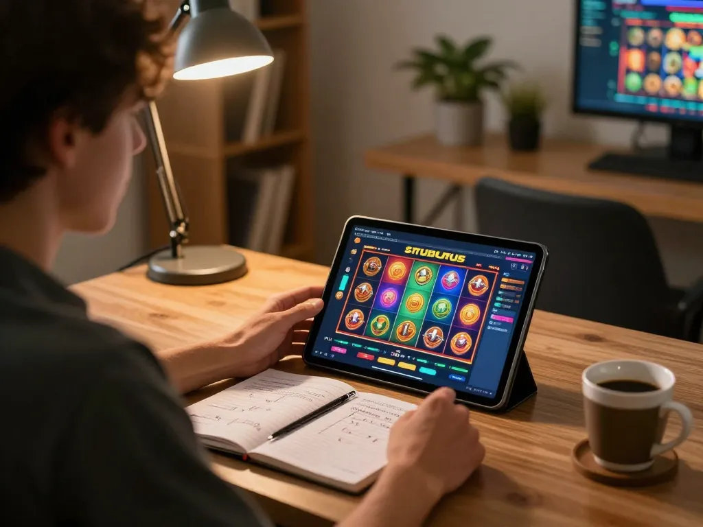 Engaging with situs slot game interface on tablet during a cozy online gaming session.