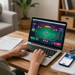 Playing online poker at home using the rik vip app, reflecting a strategic gambling approach.