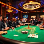 Poker table at C168 com casino featuring colorful chips and focused players in an elegant setting
