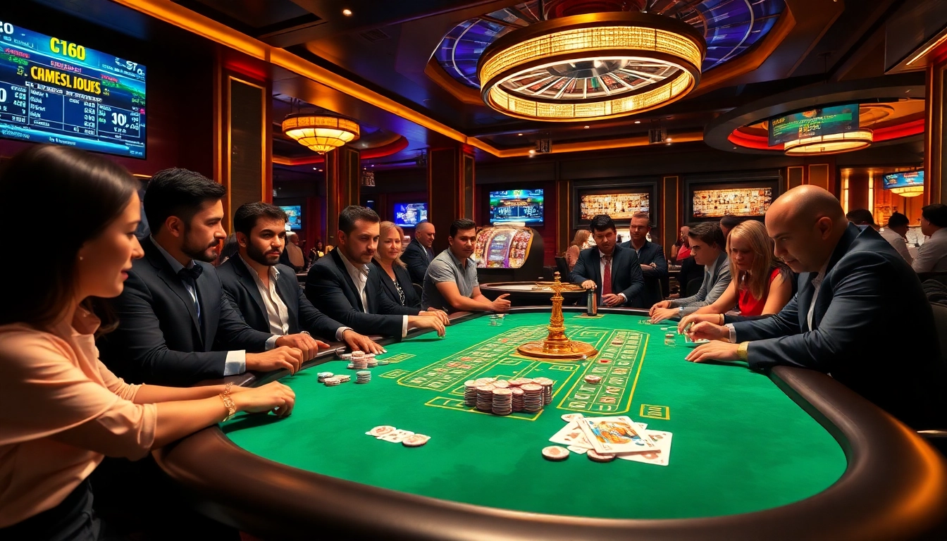 Poker table at C168 com casino featuring colorful chips and focused players in an elegant setting