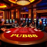 Exciting gaming action at PUB88 casino featuring roulette and poker tables.