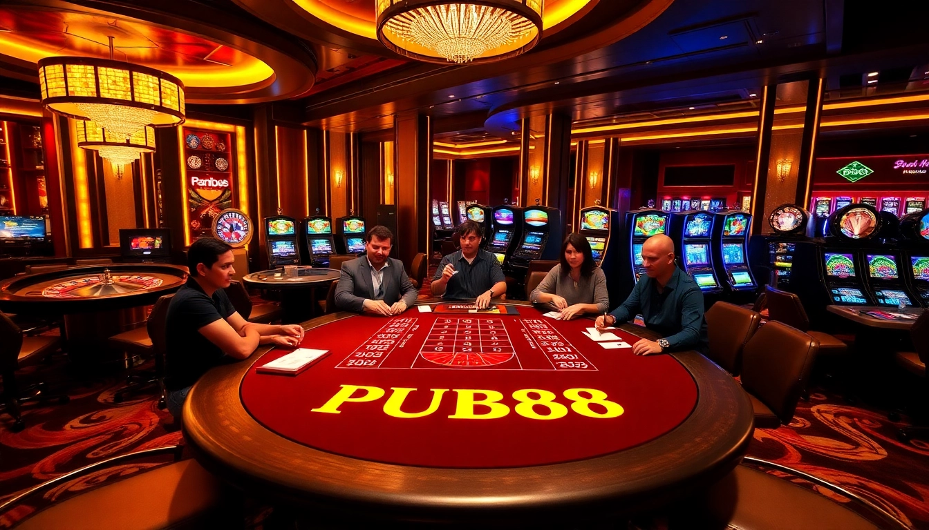 Exciting gaming action at PUB88 casino featuring roulette and poker tables.