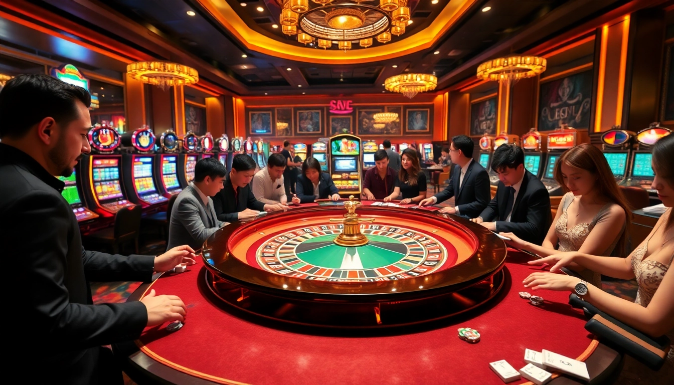 Experience thrilling bets at SC88 COM's luxurious casino scene with vibrant roulette and excited players.