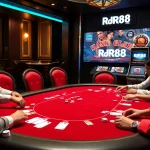 Engaging gamblers at the RR88 casino table with vibrant poker chips and a roulette wheel.