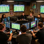 F168 sports bettors engaged in live betting strategies using phones and screens