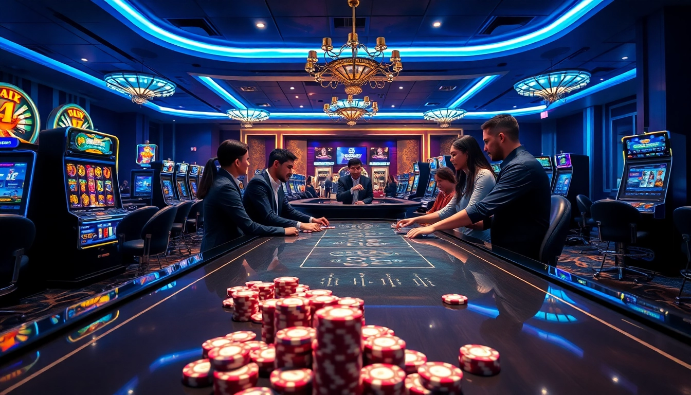 Engage in thrilling online gambling at Typhu88 with vibrant casino visuals featuring players and live dealers.