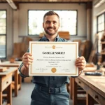 Tradesperson proudly holding a gesellenbrief in a workshop environment, symbolizing skilled craftsmanship.
