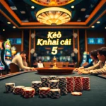 Kèo nhà cái 5 with players strategizing at a vibrant poker table surrounded by casino elements.
