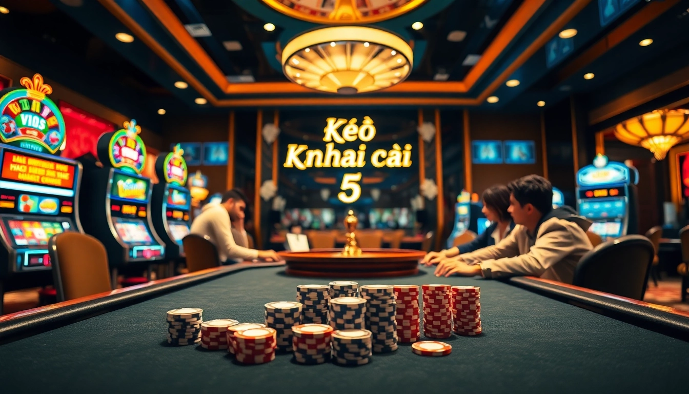 Kèo nhà cái 5 with players strategizing at a vibrant poker table surrounded by casino elements.