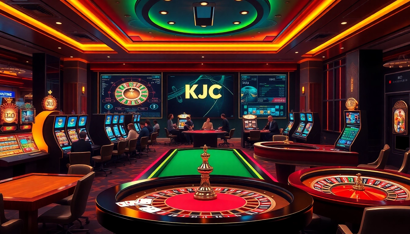 KJC casino players enjoying a thrilling gaming experience with vibrant slot machines and elegant tables.