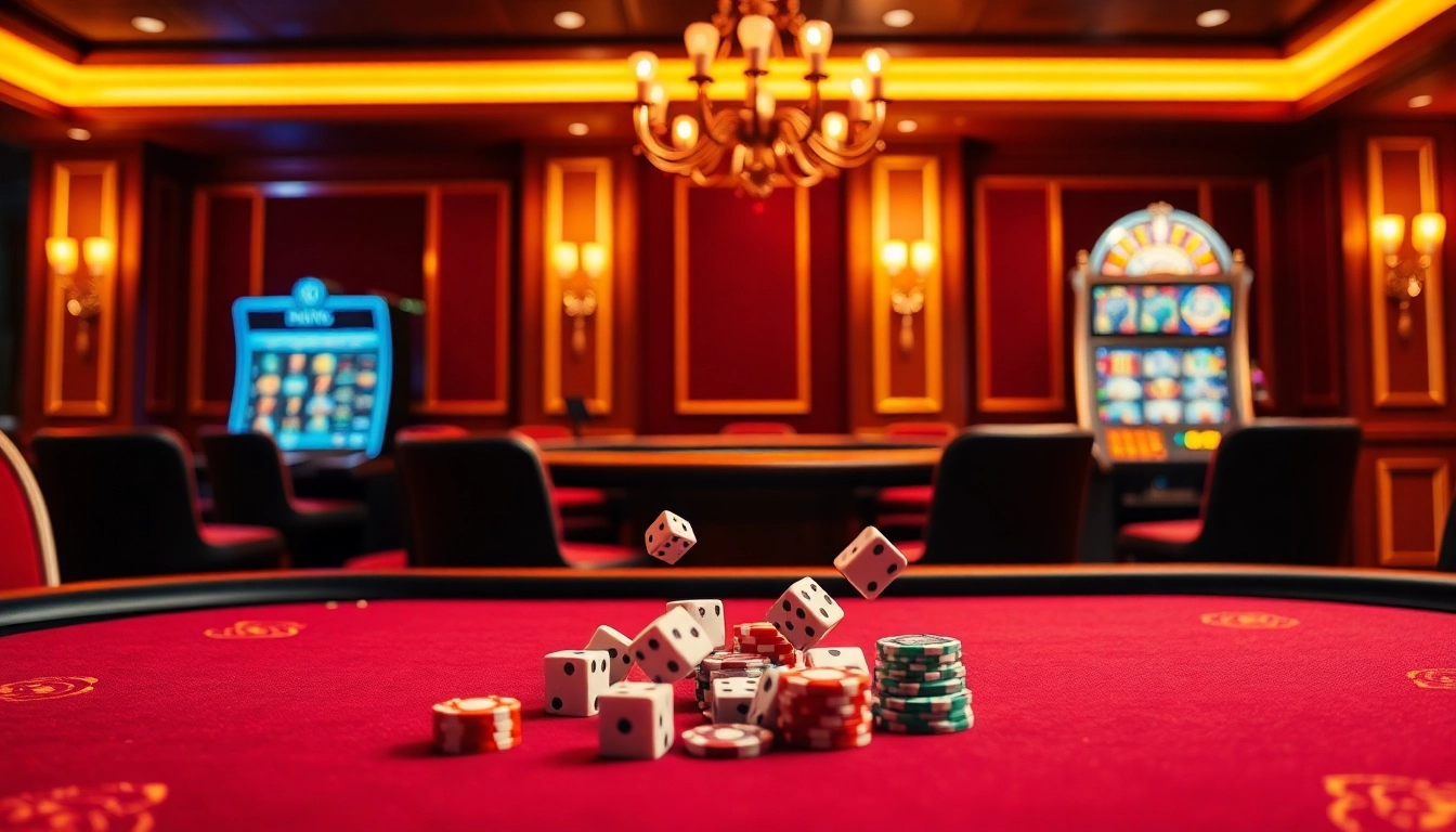 Experience high-stakes gaming fun with https://luck8.media/ showcasing a stylish poker table, vibrant chips, and dice.