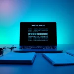 Morse code translator interface in a modern study setting with laptop, headphones, and notebooks.