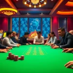 F8BET players enjoying an exciting game at a luxurious poker table in a vibrant casino.
