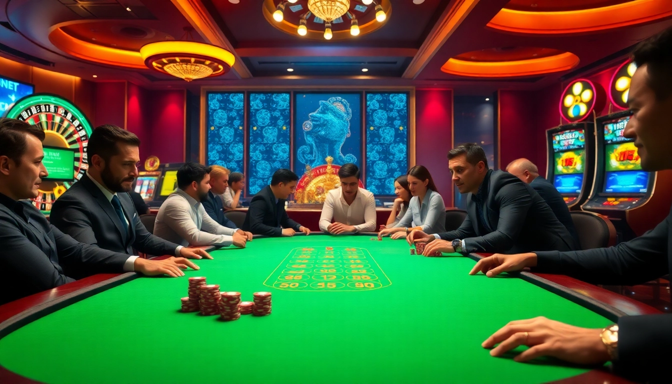F8BET players enjoying an exciting game at a luxurious poker table in a vibrant casino.