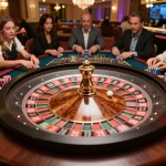 Players engaging in an exciting roulette game at a luxurious casino with chips around the betting table, ok365 atmosphere of thrill.
