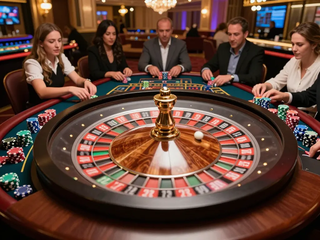 Players engaging in an exciting roulette game at a luxurious casino with chips around the betting table, ok365 atmosphere of thrill.
