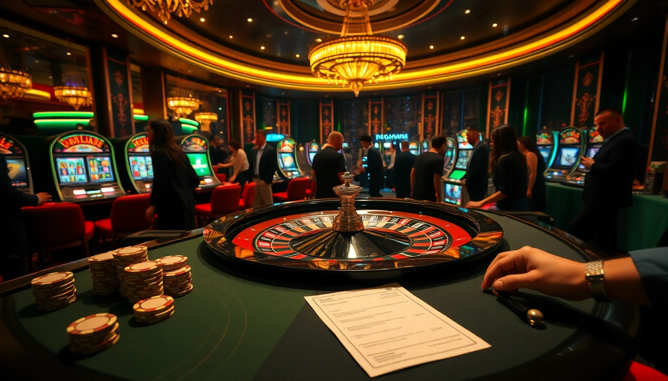The excitement of kqsx games is captured in a luxurious casino scene with roulette, poker chips, and players.