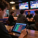 Tỷ lệ kèo nhà cái featured in an exciting sports betting setting with friends analyzing live events.