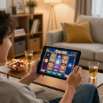 Playing slot gacor online on a tablet in a cozy home setting with snacks and drinks.