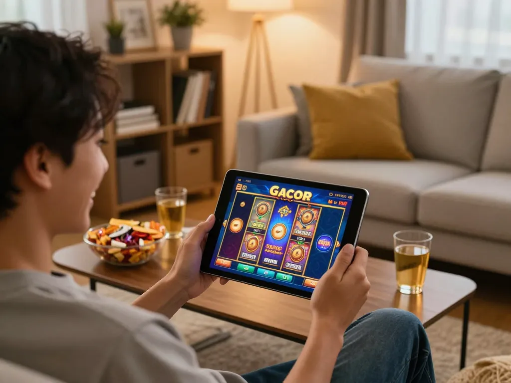 Playing slot gacor online on a tablet in a cozy home setting with snacks and drinks.