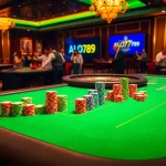 Exciting poker game at ALo789 casino with vibrant chips and roulette wheel.