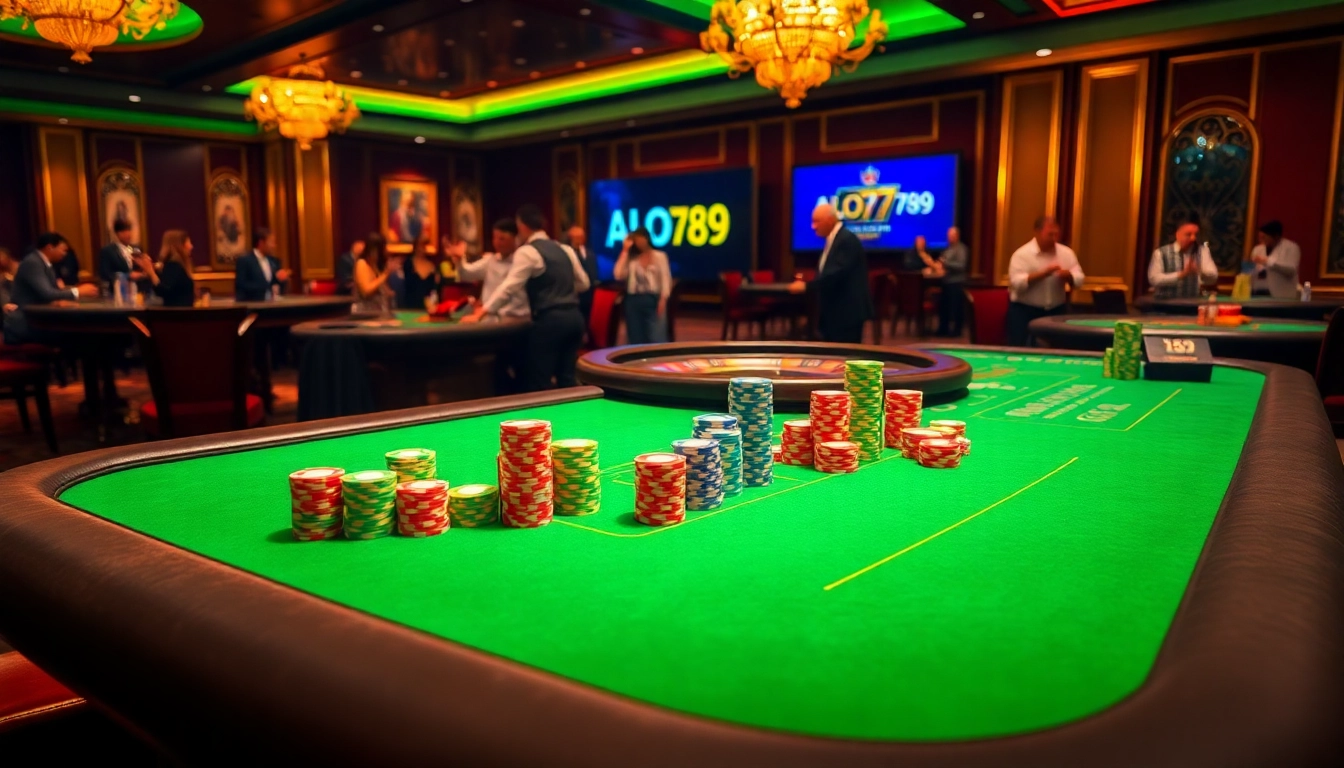 Exciting poker game at ALo789 casino with vibrant chips and roulette wheel.