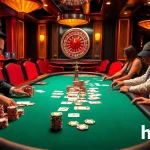 Players engaging in high-stakes poker at a luxurious casino table, showcasing hm88 chips and cards.